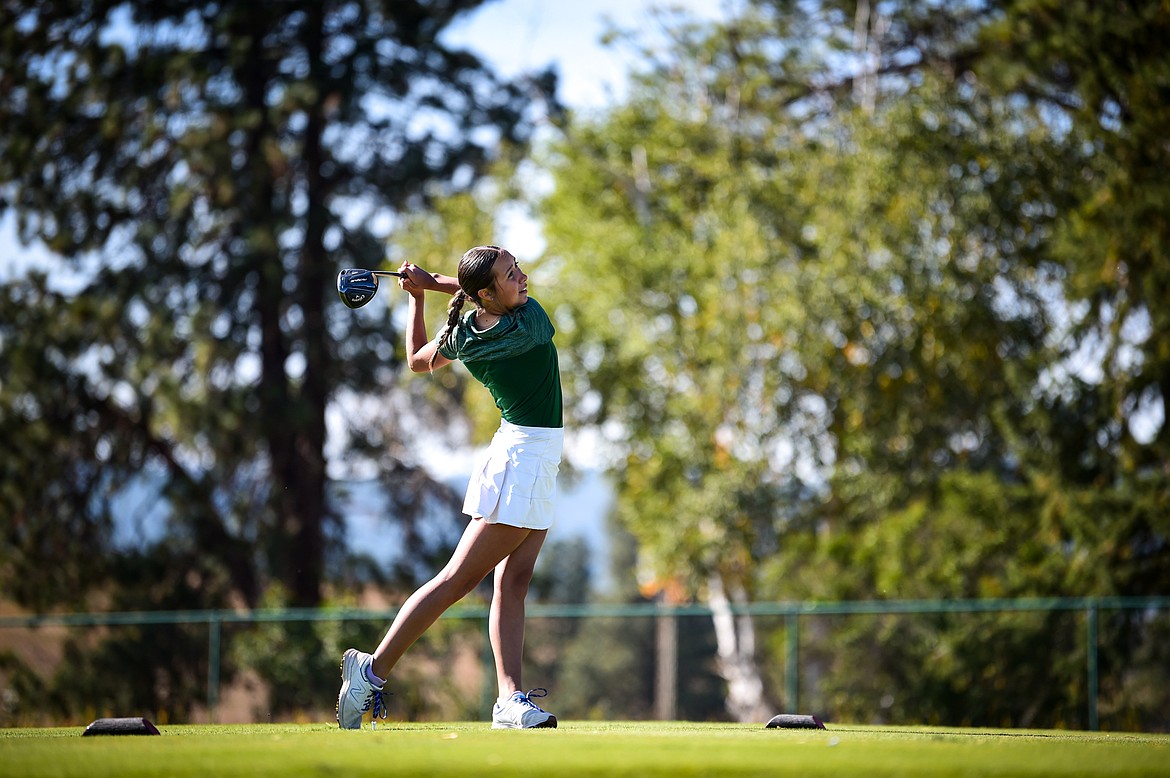 Glacier's Abbi Townsend tees off on the eighth hole during the Class AA State Golf Tournament at Northern Pines Golf Club in Kalispell on Thursday, Oct. 3. (Casey Kreider/Daily Inter Lake)