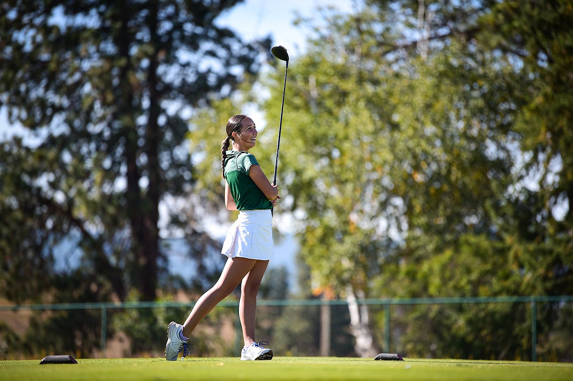 Glacier's Abbi Townsend tees off on the eighth hole during the Class AA State Golf Tournament at Northern Pines Golf Club in Kalispell on Thursday, Oct. 3. (Casey Kreider/Daily Inter Lake)