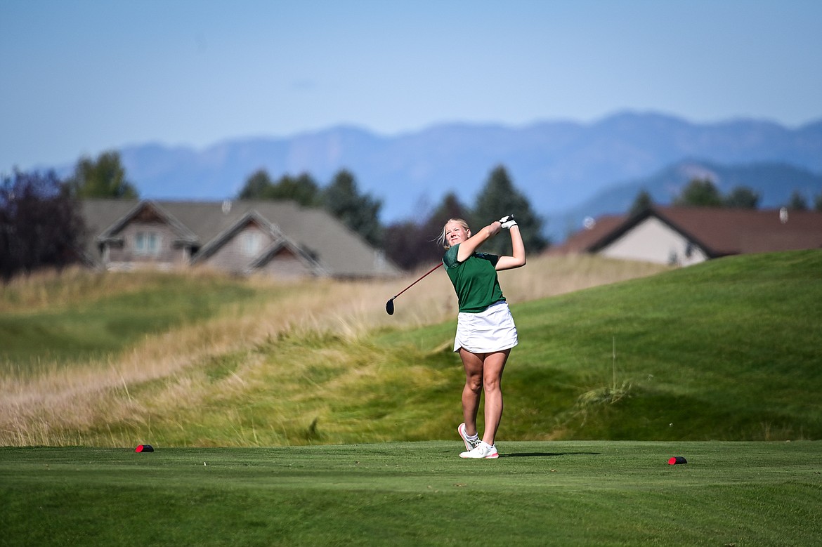 Glacier's Vaida Cole tees off on the seventh hole during the Class AA State Golf Tournament at Northern Pines Golf Club in Kalispell on Thursday, Oct. 3. (Casey Kreider/Daily Inter Lake)