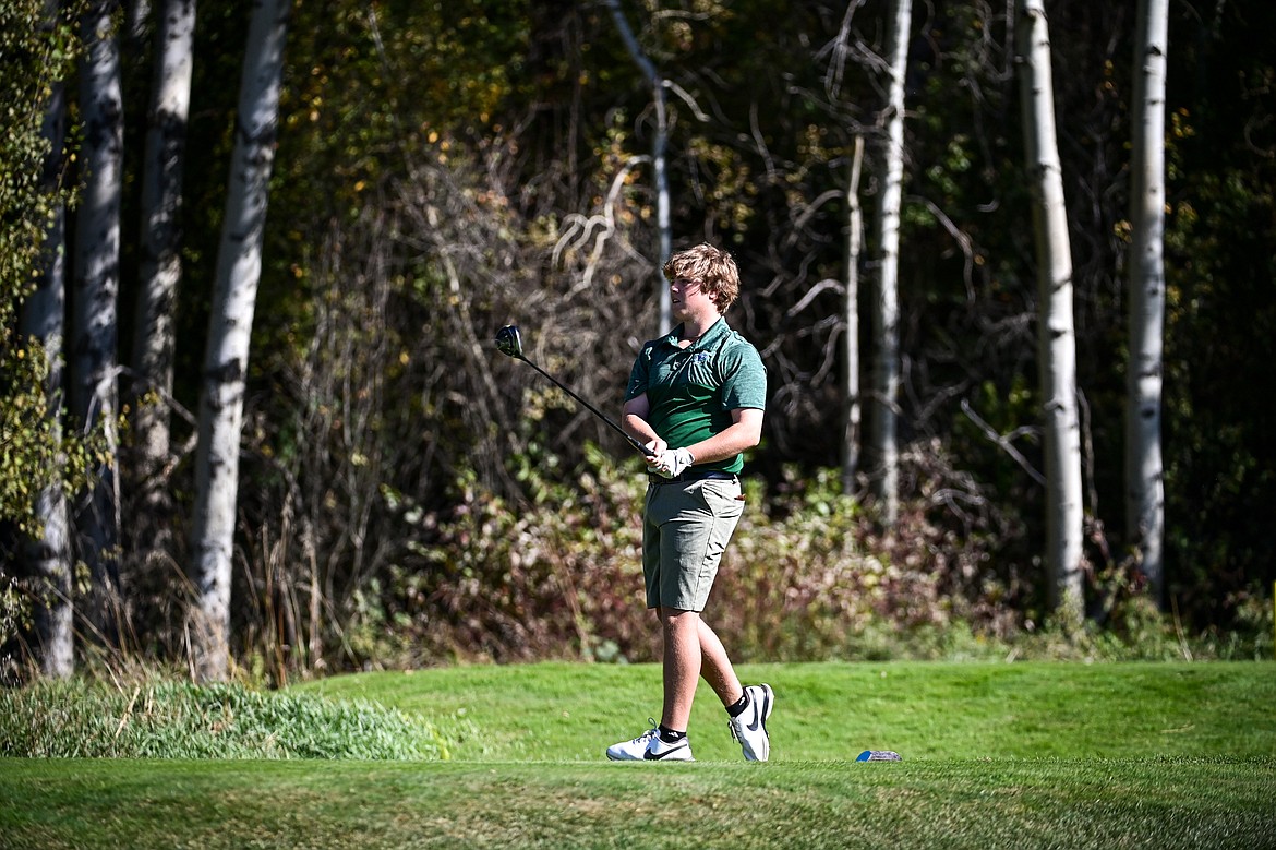 Glacier's Tanyon Murray tees off on the fifteenth hole during the Class AA State Golf Tournament at Northern Pines Golf Club in Kalispell on Thursday, Oct. 3. (Casey Kreider/Daily Inter Lake)