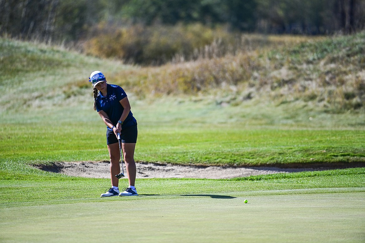 Great Falls Hanna Boyd putts on the ninth green  during the Class AA State Golf Tournament at Northern Pines Golf Club in Kalispell on Thursday, Oct. 3. (Casey Kreider/Daily Inter Lake)