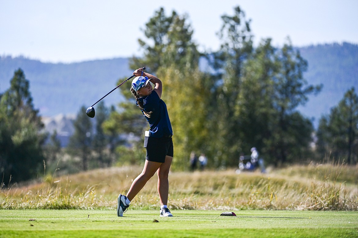 Great Falls Hanna Boyd tees off on the tenth hole during the Class AA State Golf Tournament at Northern Pines Golf Club in Kalispell on Thursday, Oct. 3. (Casey Kreider/Daily Inter Lake)