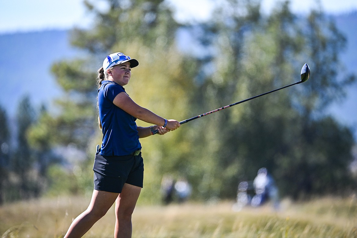 Great Falls Hanna Boyd tees off on the tenth hole during the Class AA State Golf Tournament at Northern Pines Golf Club in Kalispell on Thursday, Oct. 3. (Casey Kreider/Daily Inter Lake)