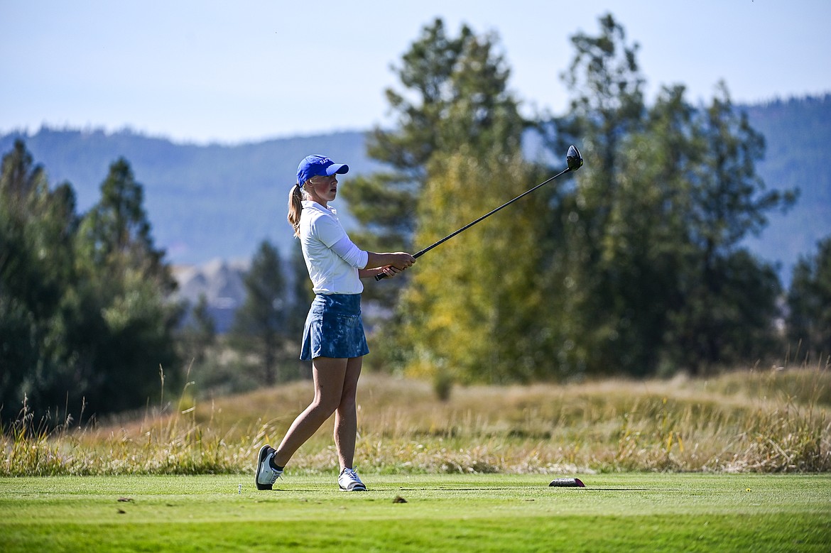 Gallatin's Kiah Holmes-Morrissey tees off on the tenth hole during the Class AA State Golf Tournament at Northern Pines Golf Club in Kalispell on Thursday, Oct. 3. (Casey Kreider/Daily Inter Lake)