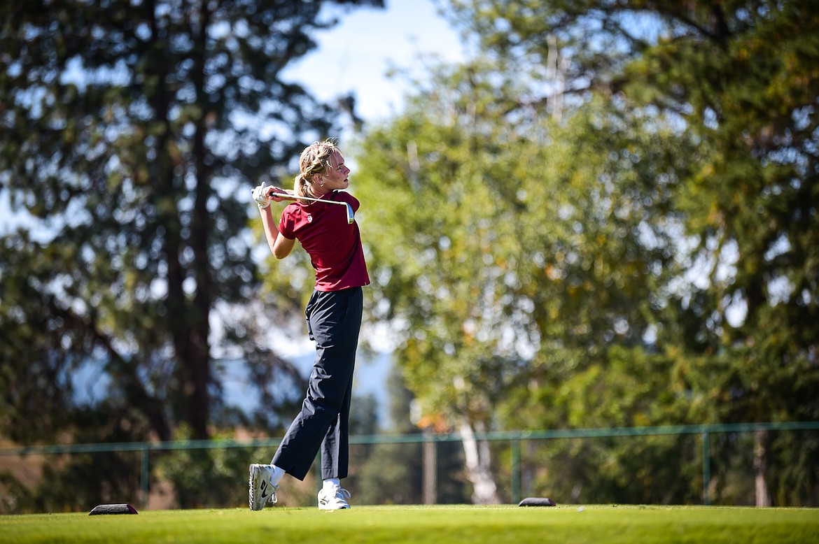 Helena's Mia Taylor tees off on the eighth hole during the Class AA State Golf Tournament at Northern Pines Golf Club in Kalispell on Thursday, Oct. 3. (Casey Kreider/Daily Inter Lake)