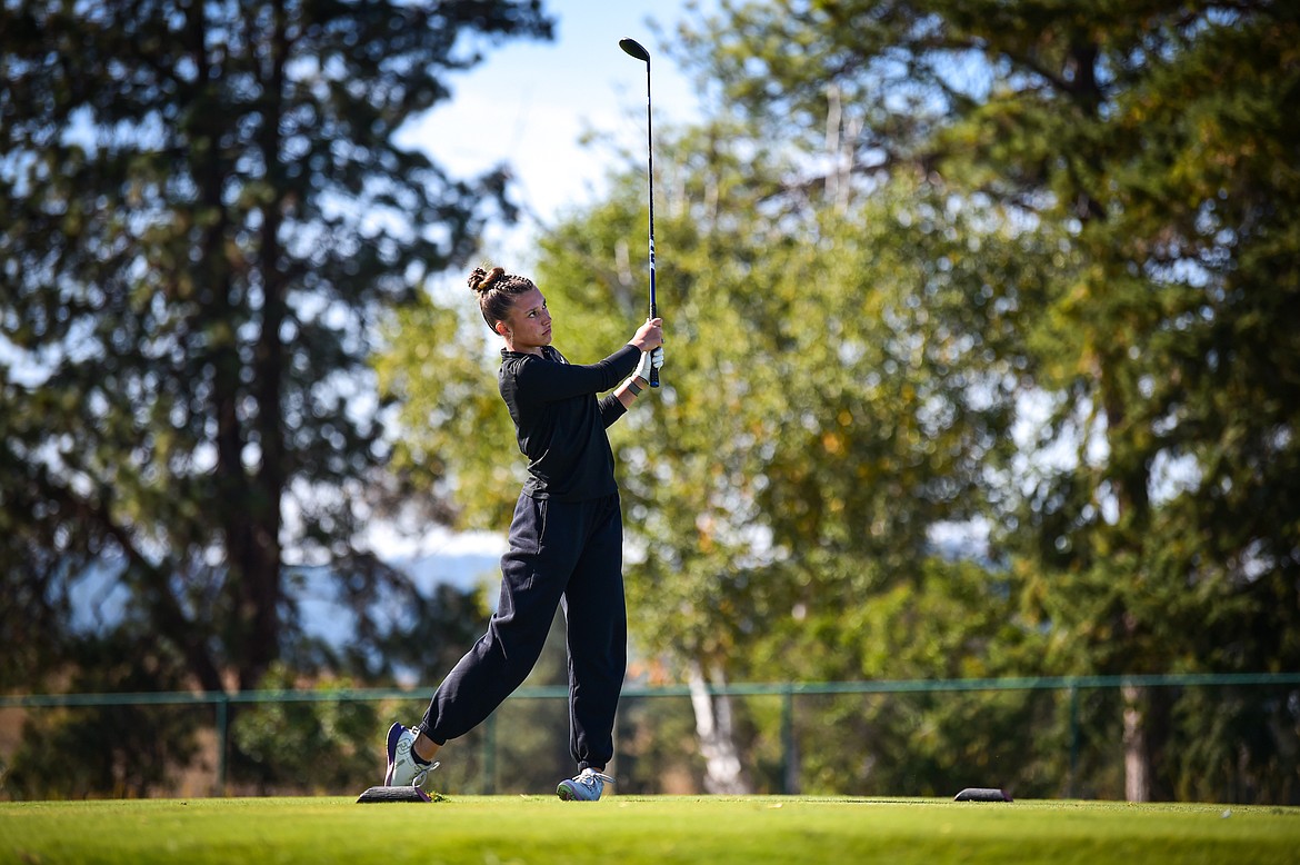 Billings West's Ryane Viker tees off on the eighth hole during the Class AA State Golf Tournament at Northern Pines Golf Club in Kalispell on Thursday, Oct. 3. (Casey Kreider/Daily Inter Lake)