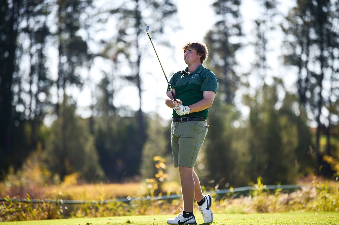 Glacier's Tanyon Murray tees off on the thirteenth hole during the Class AA State Golf Tournament at Northern Pines Golf Club in Kalispell on Thursday, Oct. 3. (Casey Kreider/Daily Inter Lake)