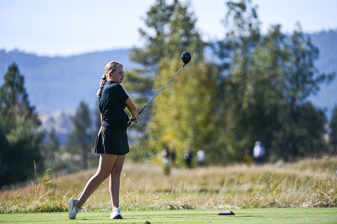 Bozeman's Kira Connell tees off on the tenth hole during the Class AA State Golf Tournament at Northern Pines Golf Club in Kalispell on Thursday, Oct. 3. (Casey Kreider/Daily Inter Lake)