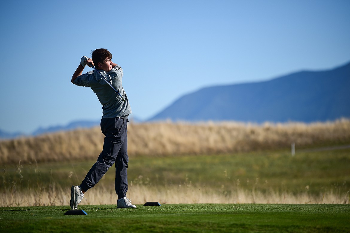 Missoula Sentinel's Jack Shepard tees off on the eleventh hole during the Class AA State Golf Tournament at Northern Pines Golf Club in Kalispell on Thursday, Oct. 3. (Casey Kreider/Daily Inter Lake)