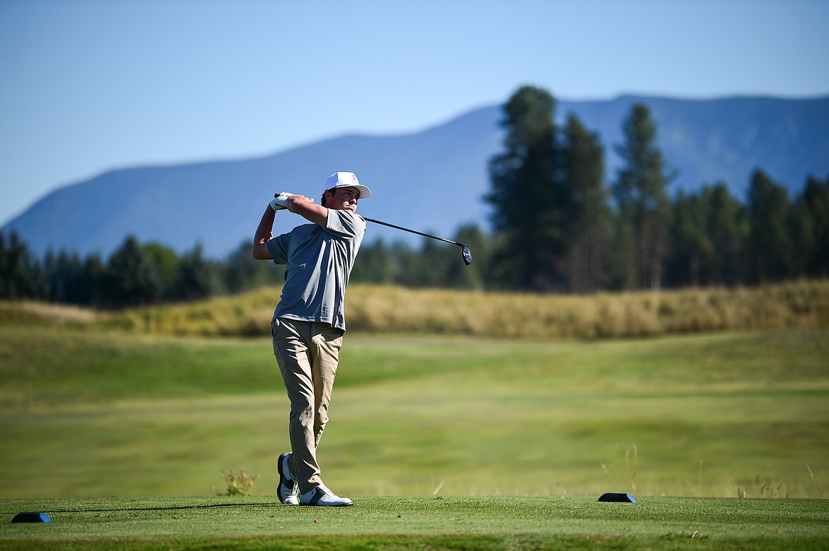 Missoula Sentinel's Willy Nowlen tees off on the twelfth hole during the Class AA State Golf Tournament at Northern Pines Golf Club in Kalispell on Thursday, Oct. 3. (Casey Kreider/Daily Inter Lake)