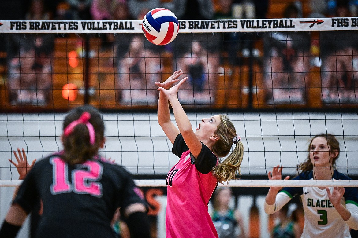 Flathead's Anna Bain (10) sets at the net for a teammate against Glacier at Flathead High School on Thursday, Oct. 3. (Casey Kreider/Daily Inter Lake)