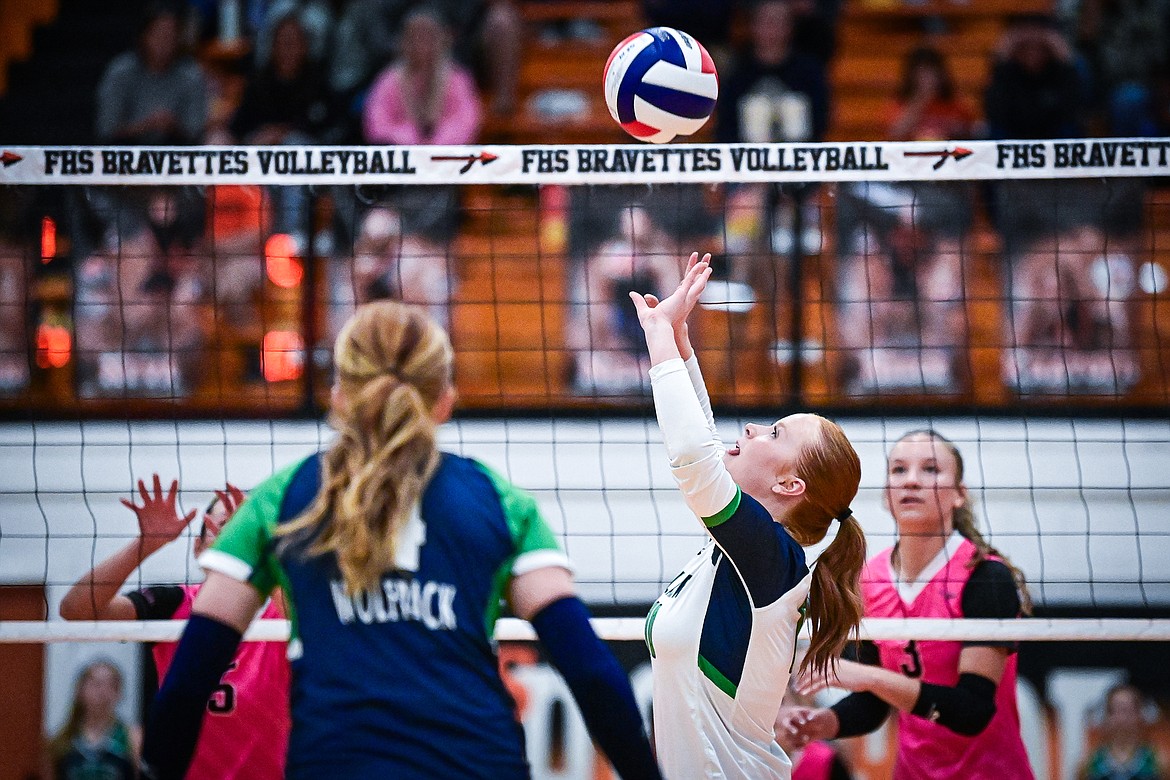 Glacier's Madi Stevens (10) sets for a teammate at the net against Flathead at Flathead High School on Thursday, Oct. 3. (Casey Kreider/Daily Inter Lake)