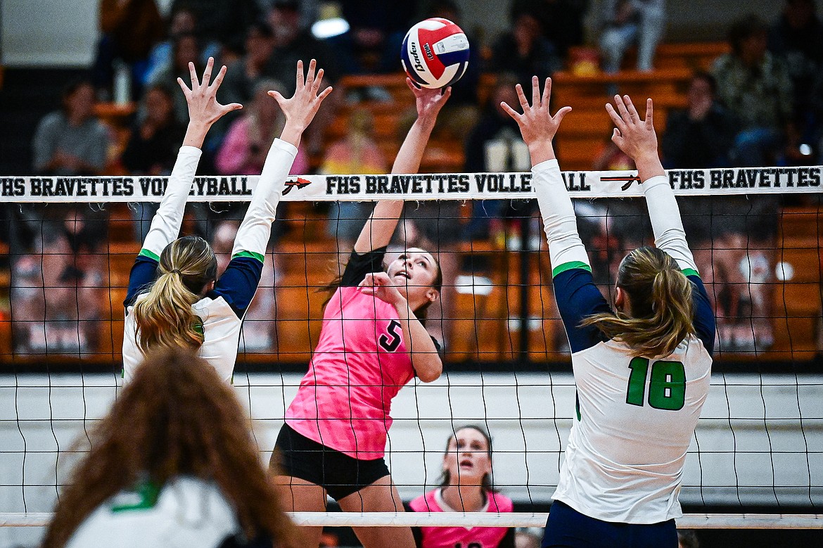 Flathead's Bristol Lenz (5) goes to the net for a kill against Glacier at Flathead High School on Thursday, Oct. 3. (Casey Kreider/Daily Inter Lake)