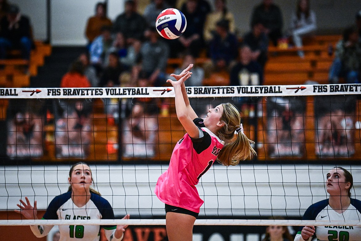 Flathead's Anna Bain (10) sets at the net against Glacier at Flathead High School on Thursday, Oct. 3. (Casey Kreider/Daily Inter Lake)