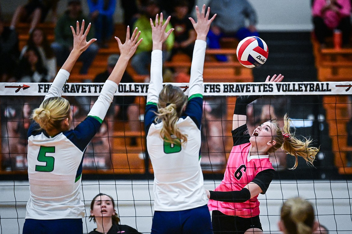 Flathead's Addison Thornsberry (6) goes up for a kill against Glacier at Flathead High School on Thursday, Oct. 3. (Casey Kreider/Daily Inter Lake)