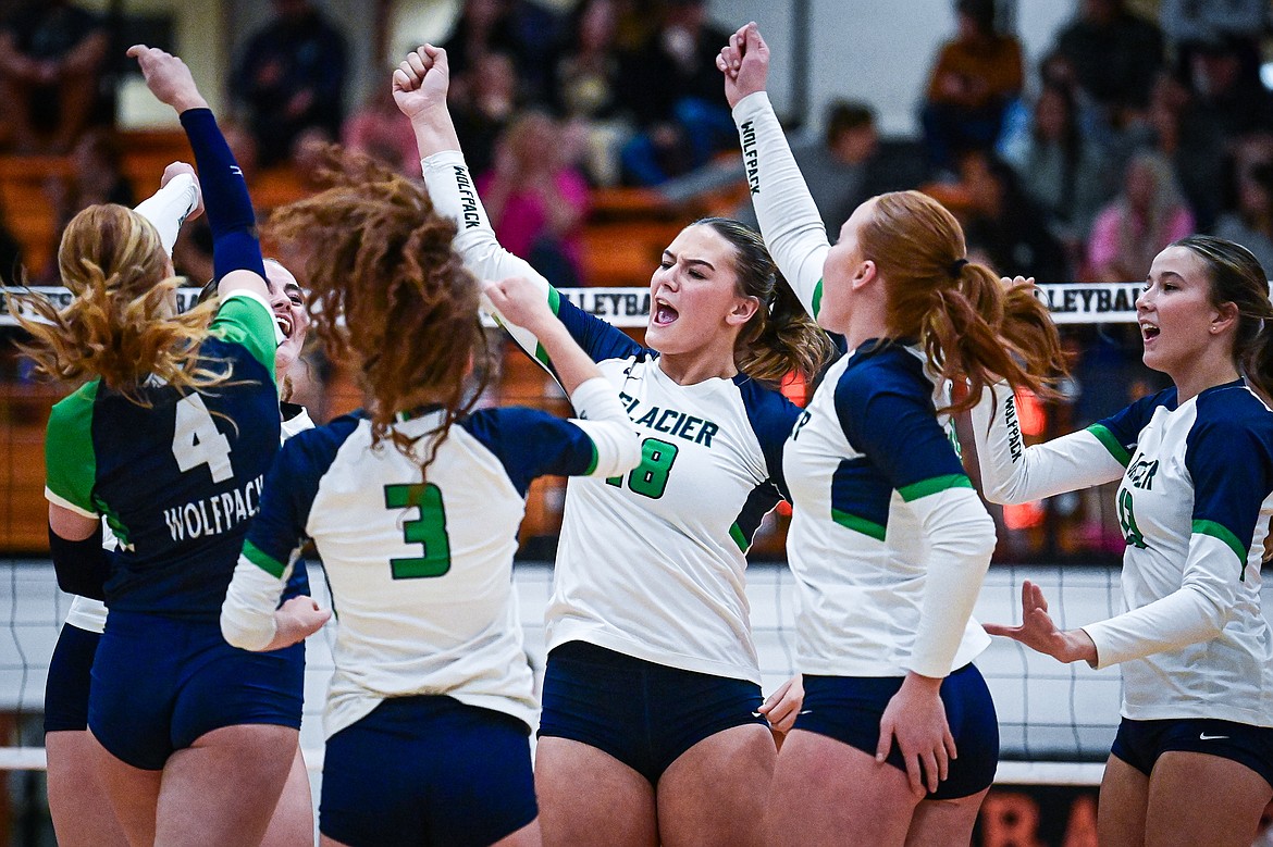 Glacier celebrates after a point against Flathead at Flathead High School on Thursday, Oct. 3. (Casey Kreider/Daily Inter Lake)