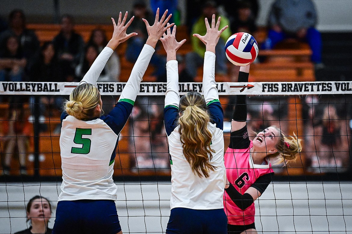 Flathead's Addison Thornsberry (6) goes up for a kill against Glacier at Flathead High School on Thursday, Oct. 3. (Casey Kreider/Daily Inter Lake)