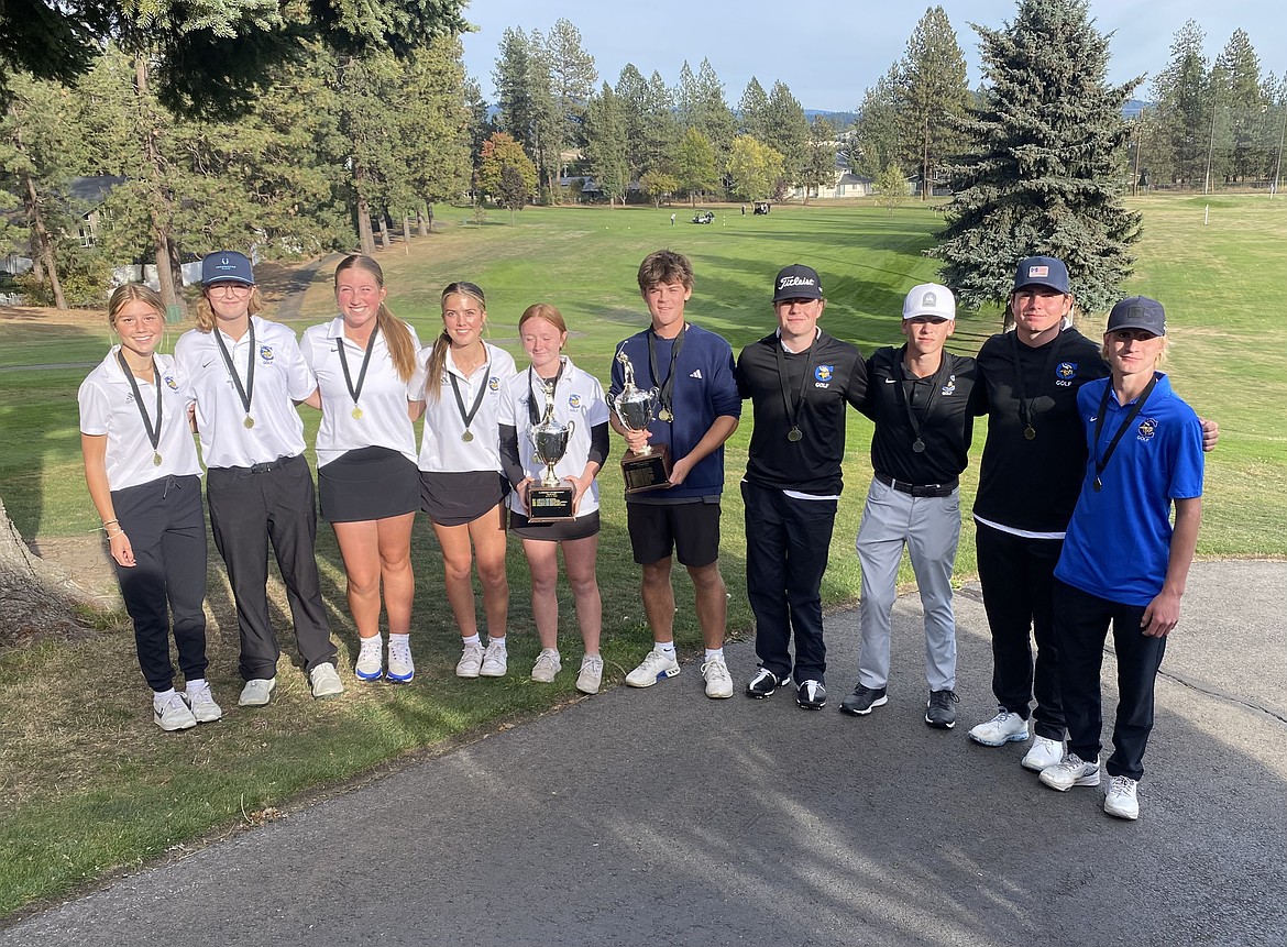 Courtesy photo
The Coeur d'Alene High boys and girls golf teams claimed team titles in the 6A District 1 tournament on Thursday at Coeur d'Alene Golf Club. From left are Stella Deitz, Jossetta Williams, Ella Wilson, Sophia Vignale, Mady Riley, Grant Potter, Ben Focke, Hunter Paquin, Dylan Cook and Brady Rubert.