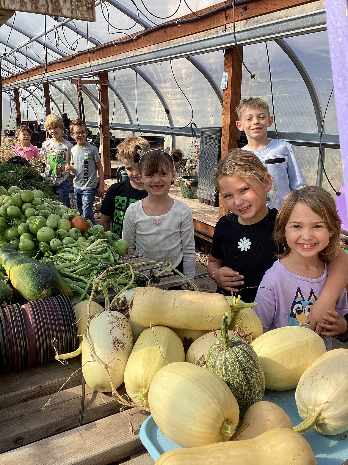 Hayden Meadows Elementary first graders are seen Oct. 2 with the bountiful harvest they picked from their greenhouse following the season's first frost. The school's greenhouse program has long been a recipient of support from the Coeur d'Alene Garden Club.