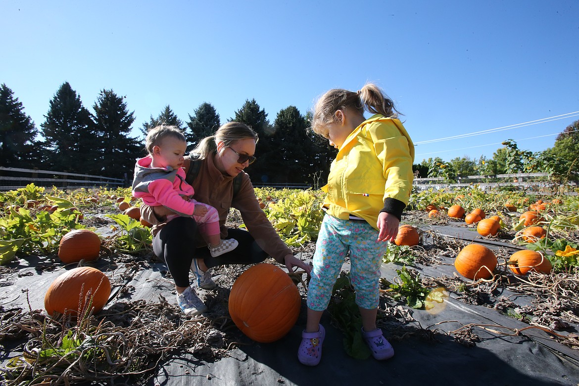 Hilary Whipps of Coeur d’Alene, with 14-month-old daughter Shay and 3-year-old daughter Arie, inspect a pumpkin Wednesday morning at Prairie Home Farm.