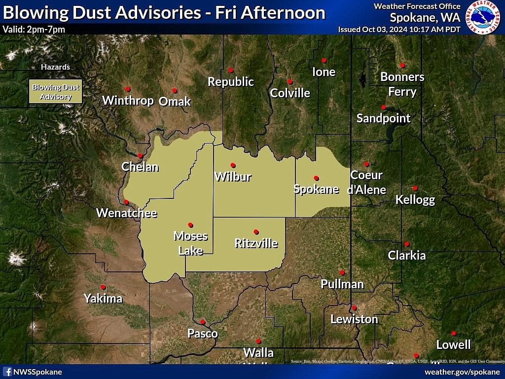 A map of where the wind gusts are expected Friday afternoon. Wind is likely to pick up dust and cause limited visibility for drivers.