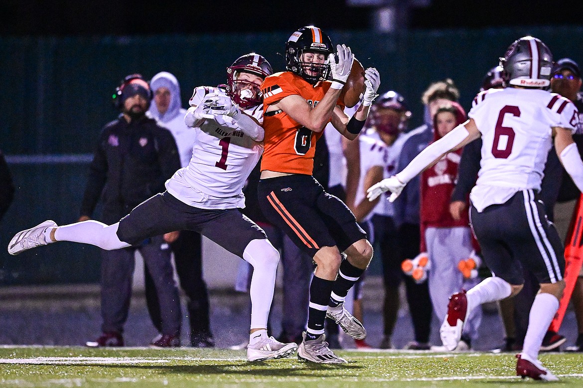 Flathead wide receiver Noah Sonju (8) catches a 93-yard touchdown reception in the second quarter against Helena at Legends Stadium on Friday, Oct. 4. (Casey Kreider/Daily Inter Lake)