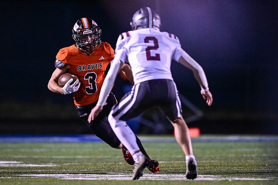 Flathead kick returner Lane Chivers (3) returns a kickoff in the second quarter against Helena at Legends Stadium on Friday, Oct. 4. (Casey Kreider/Daily Inter Lake)