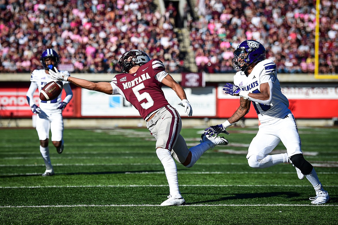 Grizzlies wide receiver Junior Bergen (5) can't reach a pass in the fourth quarter against Weber State at Washington-Grizzly Stadium on Saturday, Oct. 5. (Casey Kreider/Daily Inter Lake)