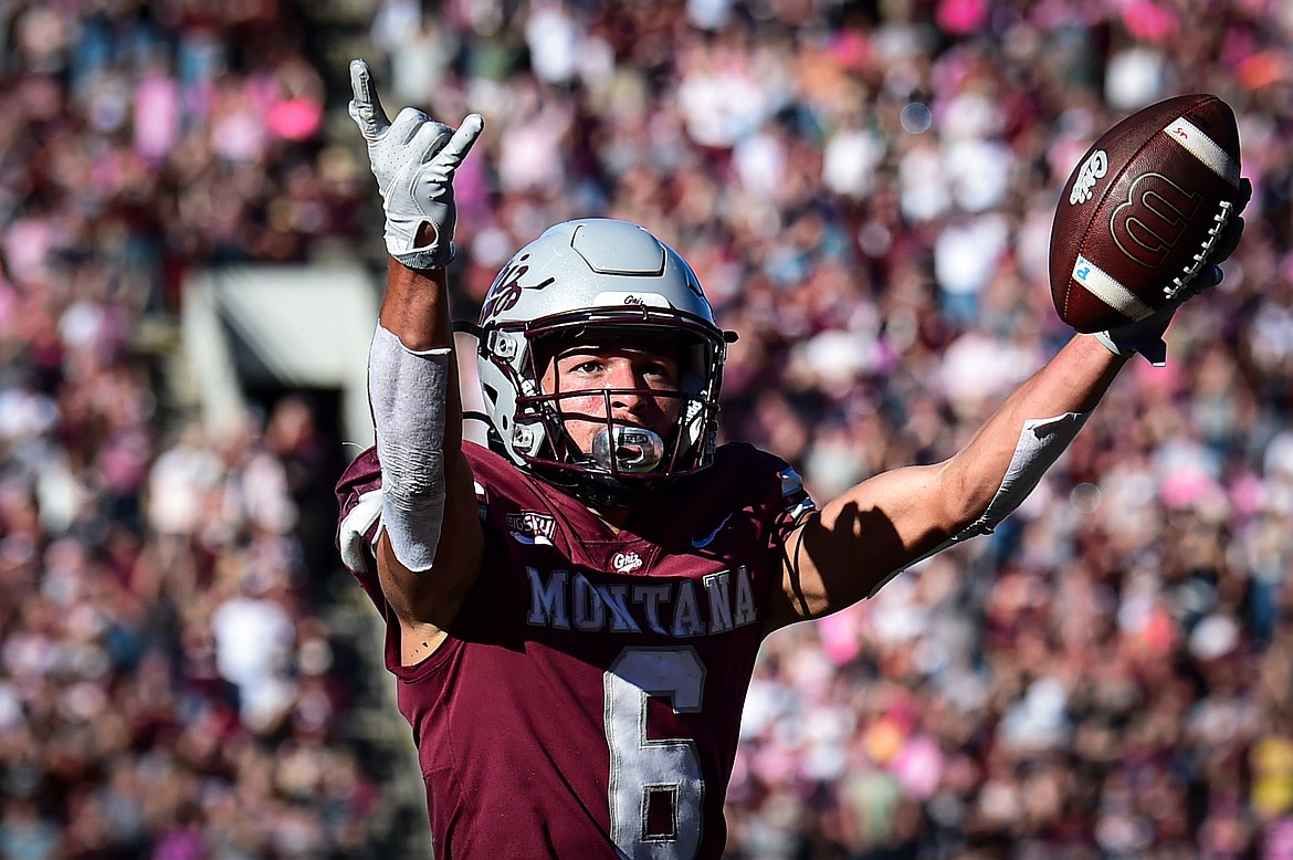 Grizzlies wide receiver Keelan White (6) celebrates after a 26-yard reception in the fourth quarter against Weber State at Washington-Grizzly Stadium on Saturday, Oct. 5. (Casey Kreider/Daily Inter Lake)