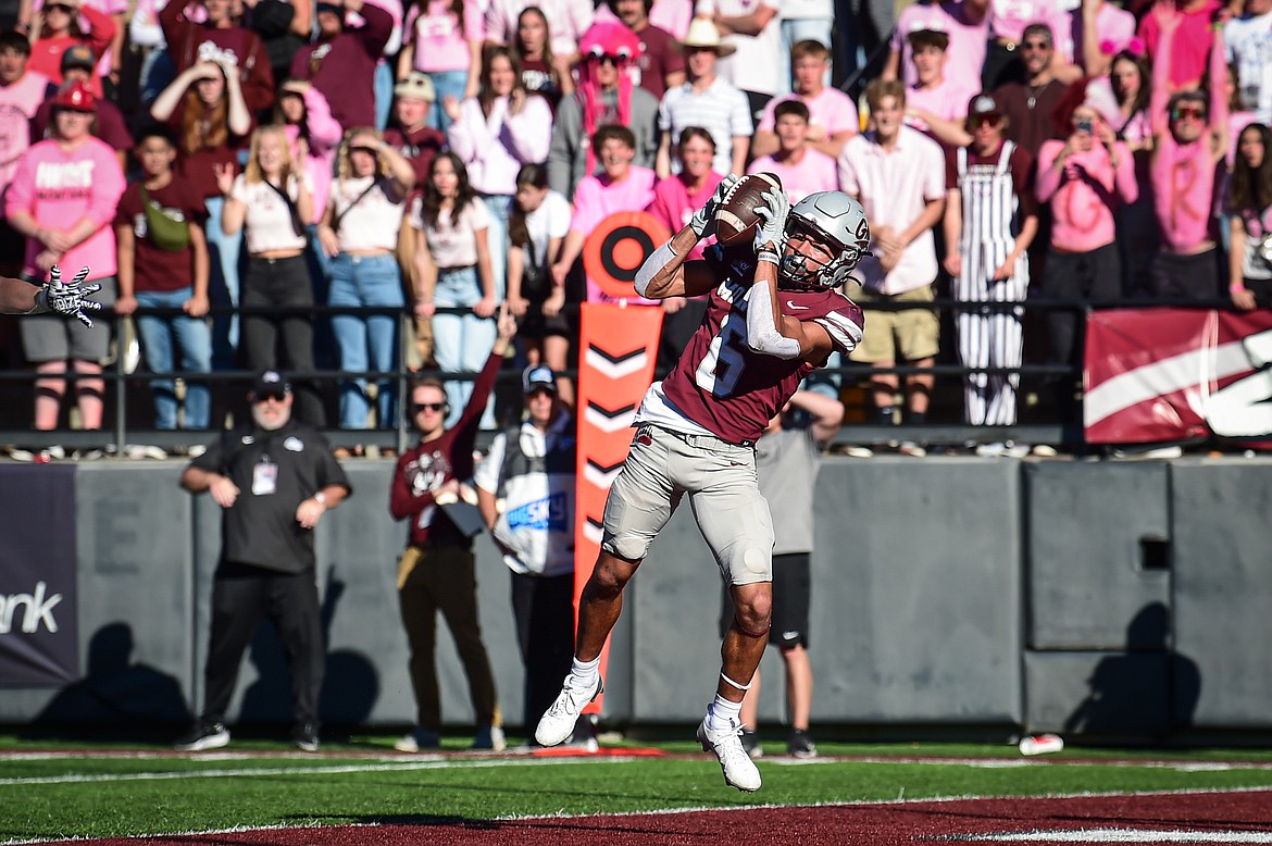 Grizzlies wide receiver Keelan White (6) catches a 13-yard touchdown reception in the fourth quarter against Weber State at Washington-Grizzly Stadium on Saturday, Oct. 5. (Casey Kreider/Daily Inter Lake)