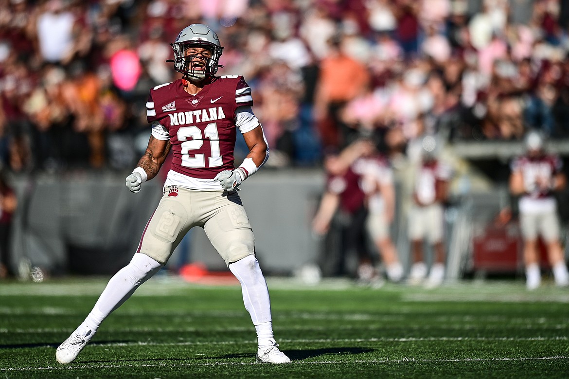 Grizzlies running back Stevie Rocker Jr. (21) celebrates after a tackle on a kick return in the fourth quarter against Weber State at Washington-Grizzly Stadium on Saturday, Oct. 5. (Casey Kreider/Daily Inter Lake)