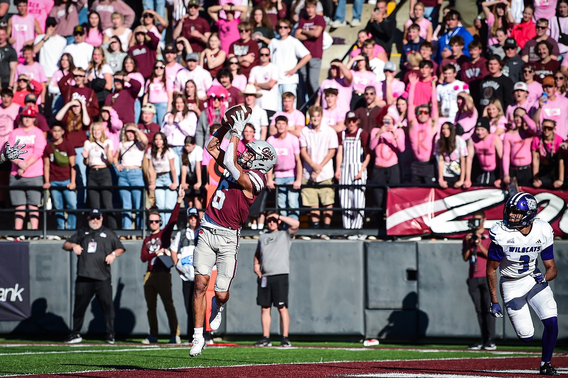 Grizzlies wide receiver Keelan White (6) catches a 13-yard touchdown reception in the fourth quarter against Weber State at Washington-Grizzly Stadium on Saturday, Oct. 5. (Casey Kreider/Daily Inter Lake)