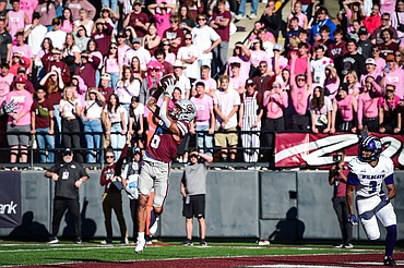 Grizzlies wide receiver Keelan White (6) catches a 13-yard touchdown reception in the fourth quarter against Weber State at Washington-Grizzly Stadium on Saturday, Oct. 5. (Casey Kreider/Daily Inter Lake)