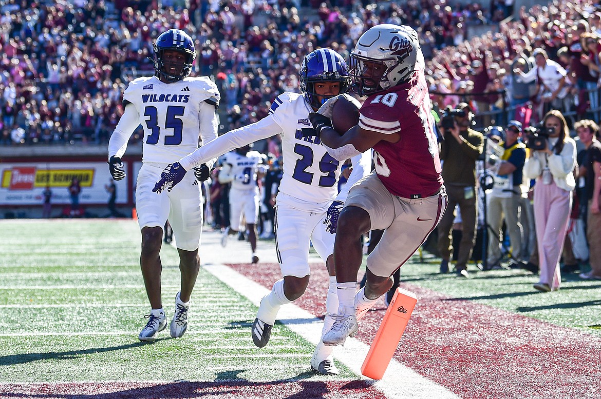 Grizzlies running back Eli Gillman (10) scores a touchdown on a 68-yard touchdown reception in the third quarter against Weber State at Washington-Grizzly Stadium on Saturday, Oct. 5. (Casey Kreider/Daily Inter Lake)