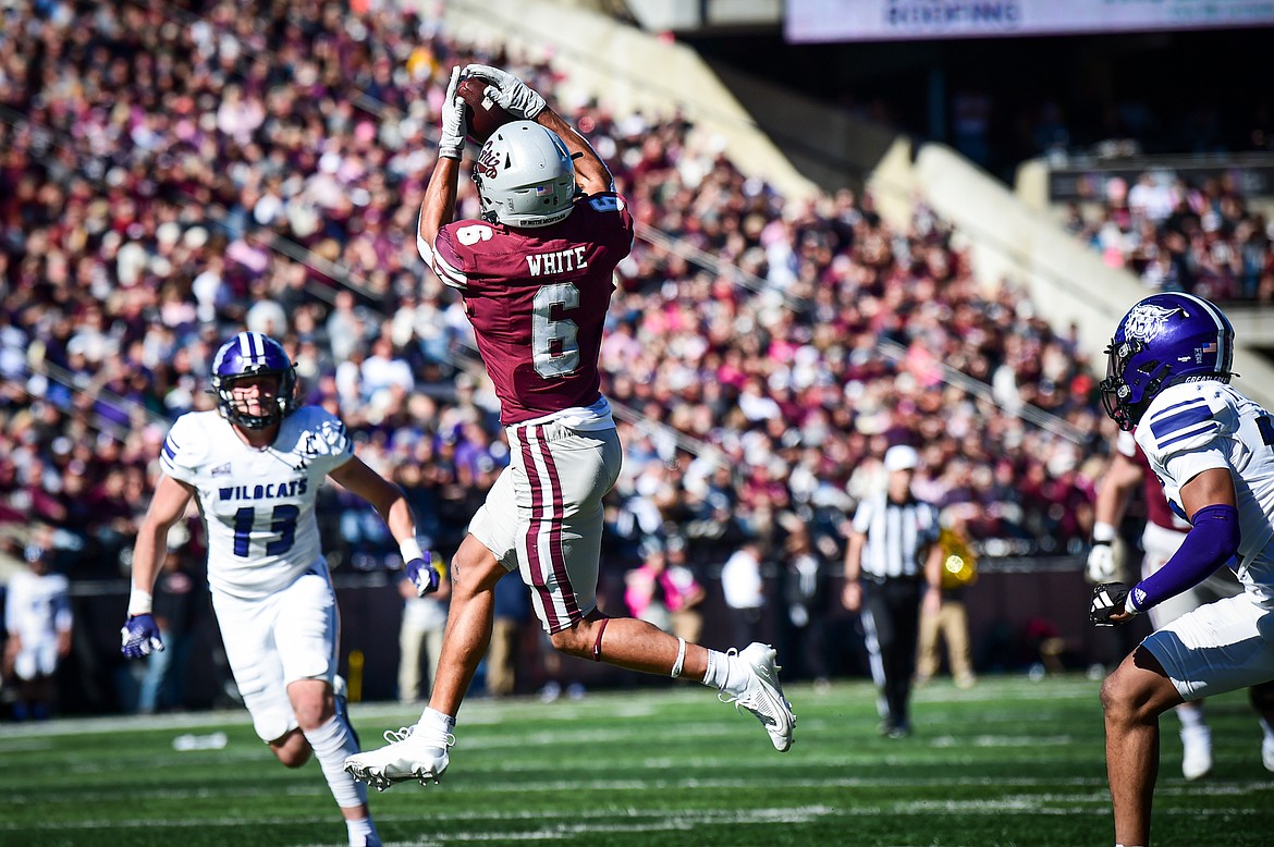 Grizzlies wide receiver Keelan White (6) catches a 20-yard reception in the second quarter against Weber State at Washington-Grizzly Stadium on Saturday, Oct. 5. (Casey Kreider/Daily Inter Lake)