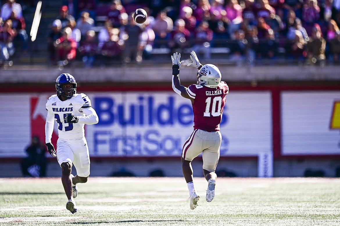 Grizzlies running back Eli Gillman (10) catches a 68-yard touchdown reception in the third quarter against Weber State at Washington-Grizzly Stadium on Saturday, Oct. 5. (Casey Kreider/Daily Inter Lake)