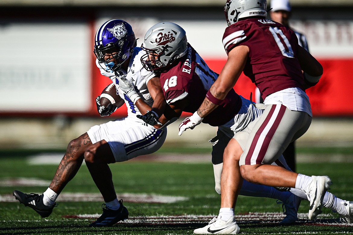 Montana defensive lineman Hayden Harris tackles Weber State running back Damon Bankston (1) in the fourth quarter at Washington-Grizzly Stadium on Saturday, Oct. 5. (Casey Kreider/Daily Inter Lake)