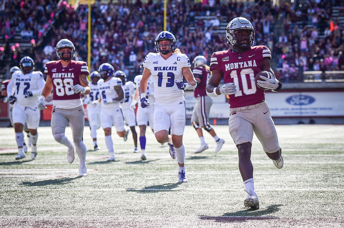 Grizzlies running back Eli Gillman (10) scores a touchdown on a 37-yard run in the first quarter against Weber State at Washington-Grizzly Stadium on Saturday, Oct. 5. (Casey Kreider/Daily Inter Lake)