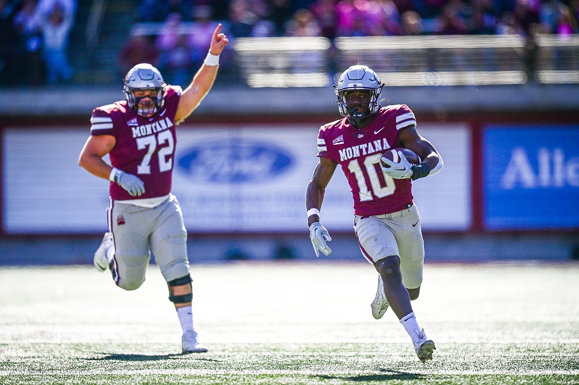 Grizzlies running back Eli Gillman (10) scores a touchdown on a 37-yard run in the first quarter against Weber State at Washington-Grizzly Stadium on Saturday, Oct. 5. (Casey Kreider/Daily Inter Lake)