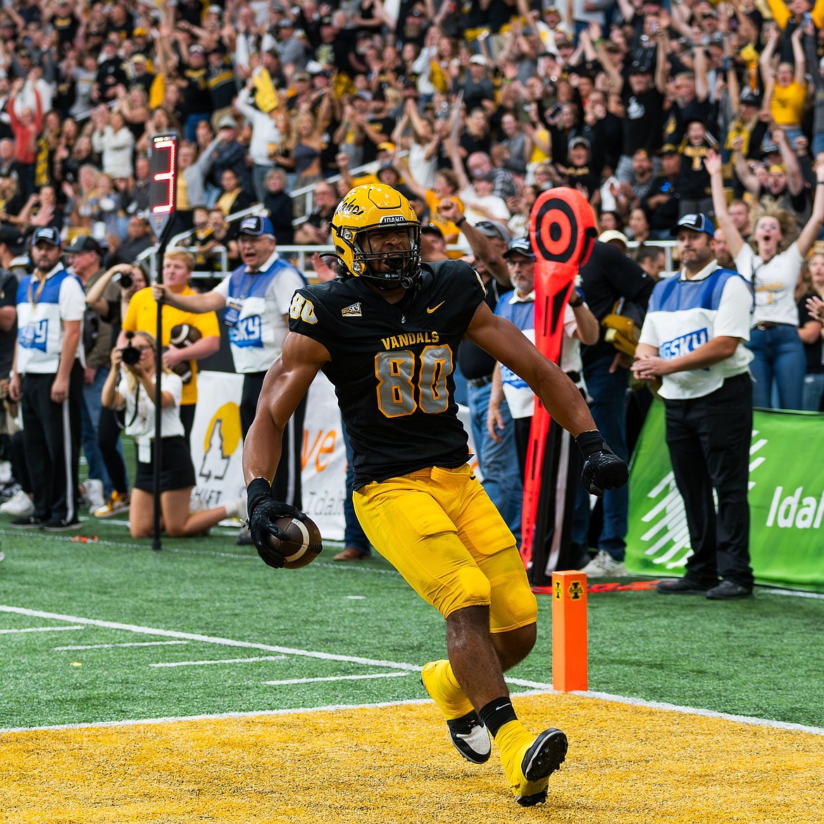 Photo by IDAHO ATHLETICS
Idaho tight end Mike Martinez (80) celebrates after scoring a first-quarter touchdown on a pass from Jack Wagner on Saturday against Northern Arizona at the Kibbie Dome in Moscow.