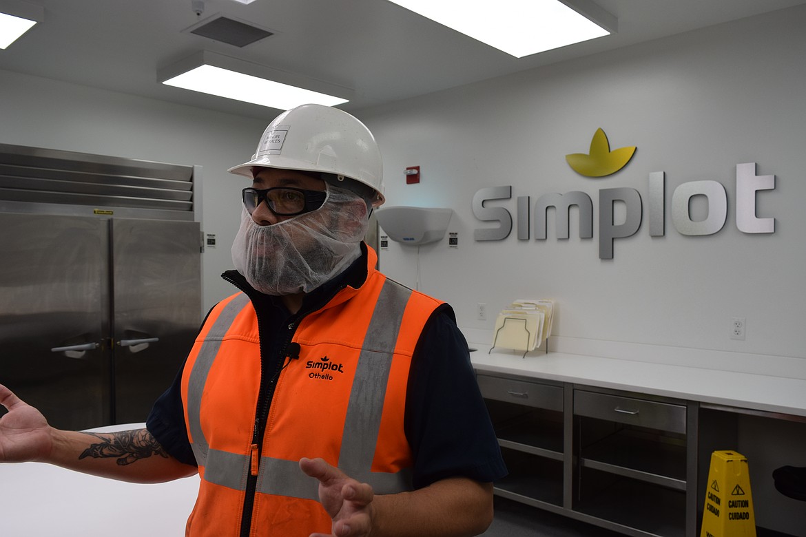 Quality Assurance Manager Manuel Morales explains that various members of the Simplot staff meet daily in this room for quality assurance. All members taste and analyze the various products to assure quality.