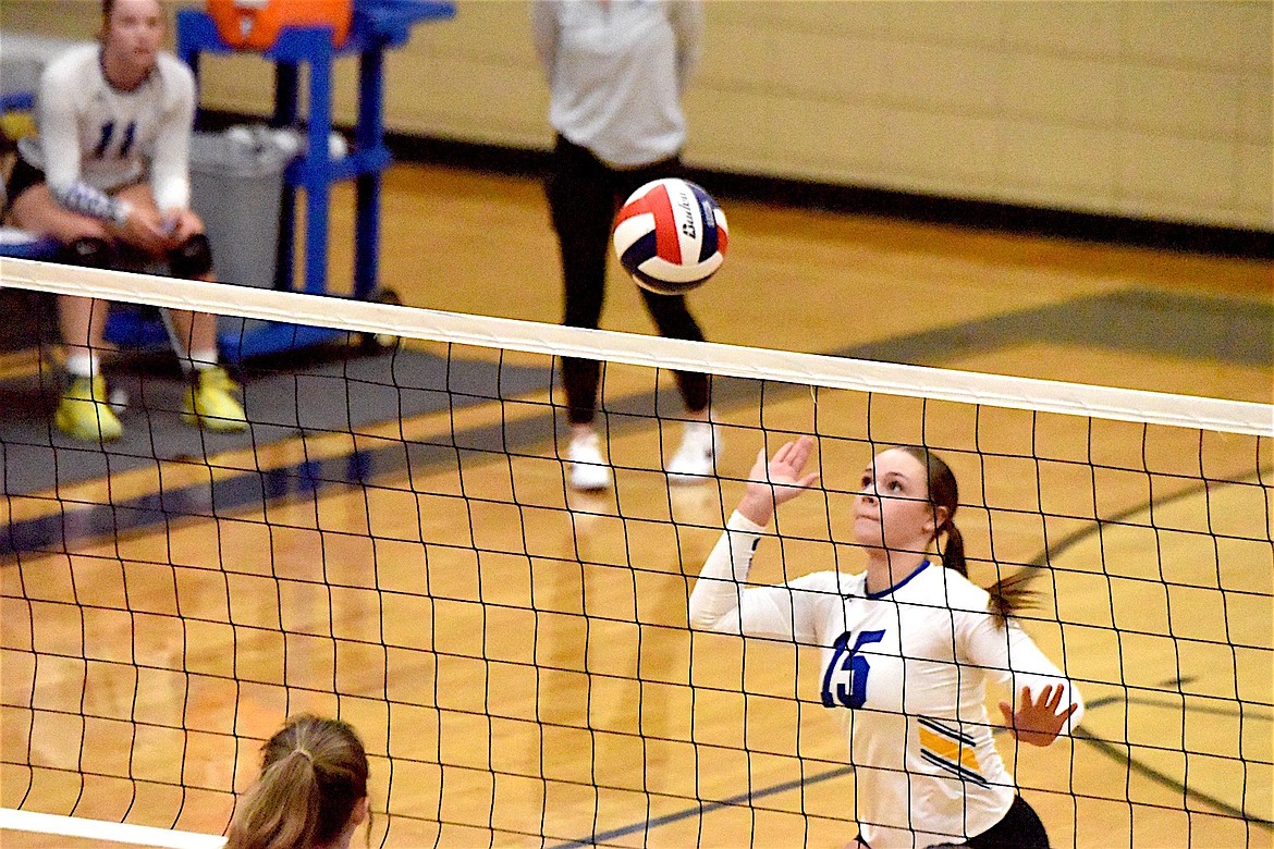 Libby's Peyton Waggoner (15) returns a shot Saturday, Oct. 5, 2024, against Bigfork. (Scott Shindledecker/The Western News)