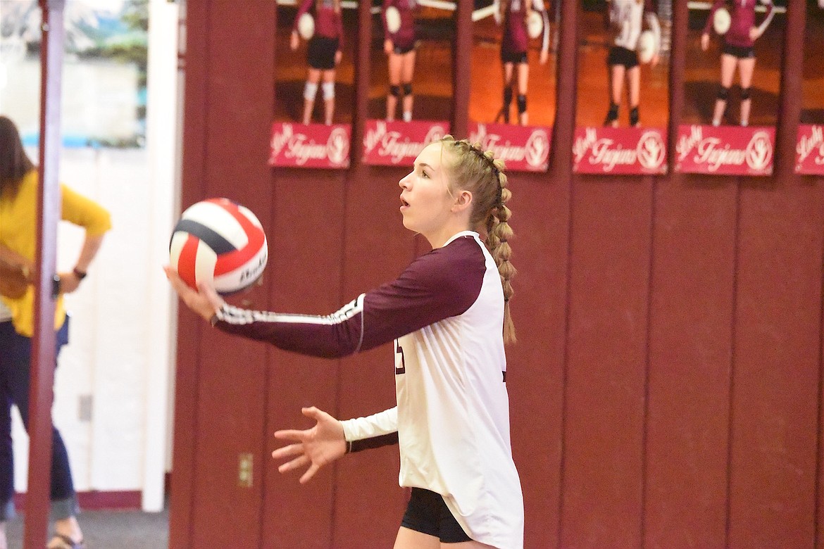 Troy's Addyson Fisher prepares to serve against Superior Saturday, Oct. 5, 2024. (Scott Shindledecker/The Western News)