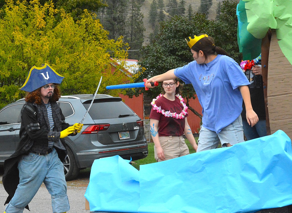 Caelen Pittsley, loses as a Victor Pirate in a tense sword fight against fellow senior classmate, Addison Martin. (Mineral Independent/Amy Quinlivan)