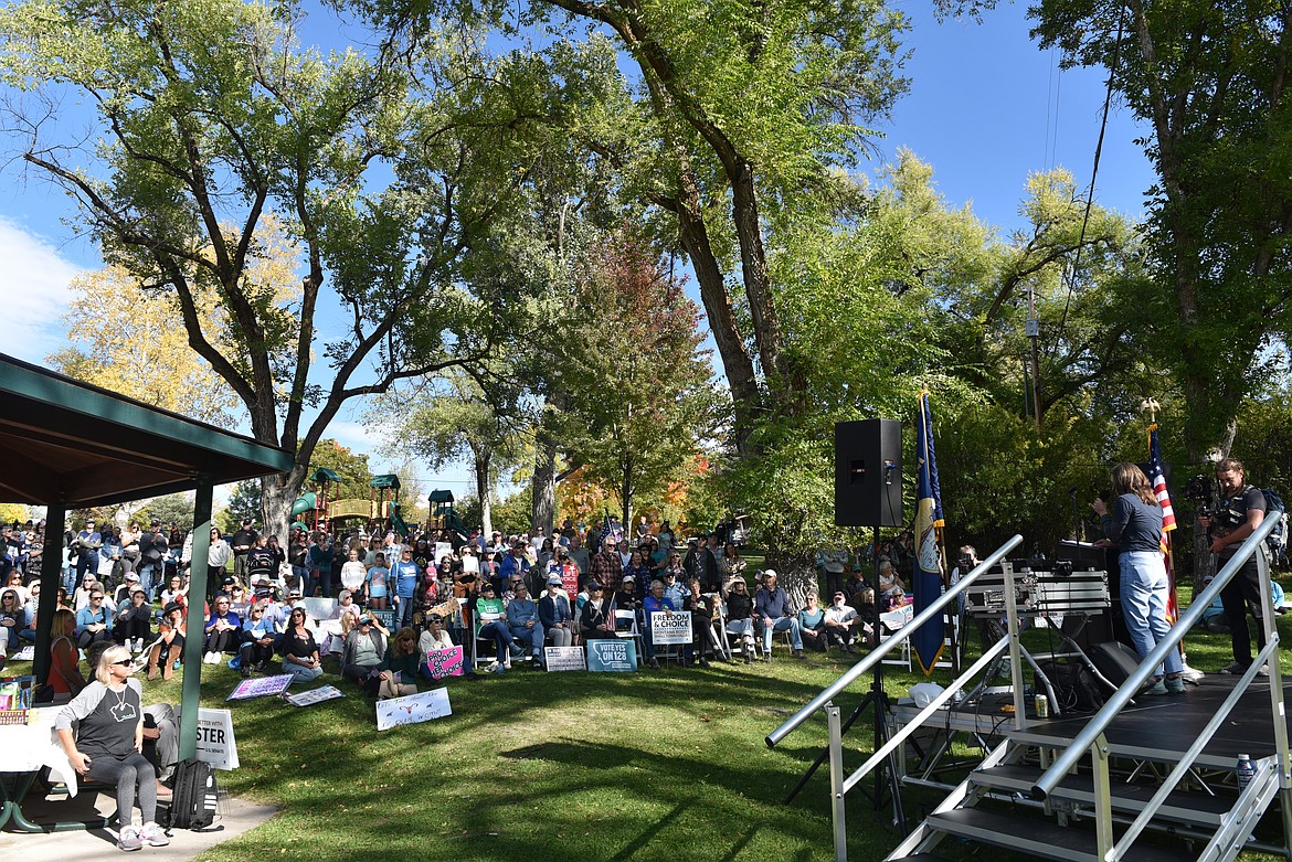 All Families Care owner and director Helen Weems speaks to a crowd at the Whitefish Reproductive Rights Rally in Baker Park on Sunday Oct. 6, 2024. (Kelsey Evans/Whitefish Pilot)