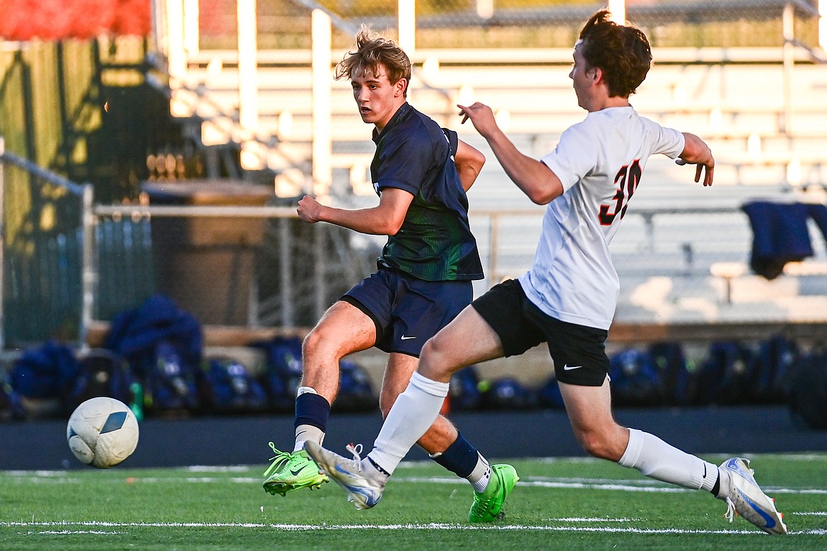 Glacier's Isaac Weaks (8) shoots in the first half against Flathead at Legends Stadium on Tuesday, Oct. 8. (Casey Kreider/Daily Inter Lake)