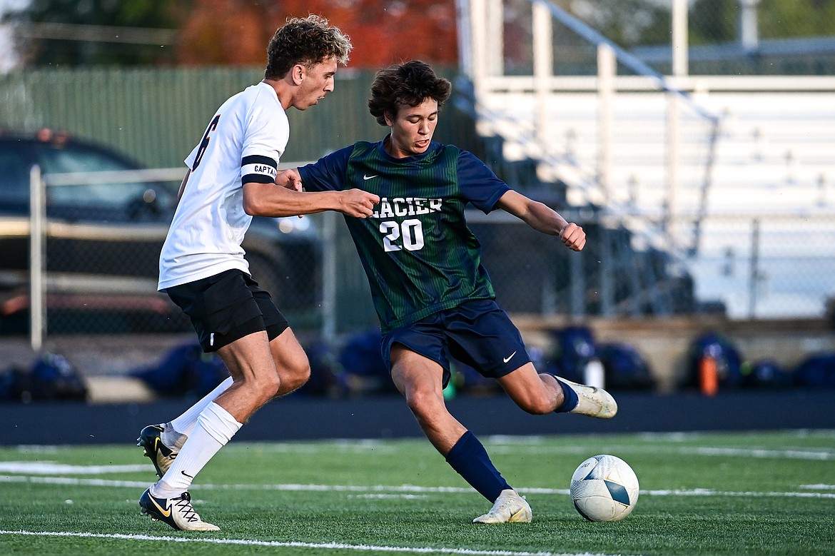 Glacier's Alex Hoerner (20) shoots in the first half against Flathead at Legends Stadium on Tuesday, Oct. 8. (Casey Kreider/Daily Inter Lake)