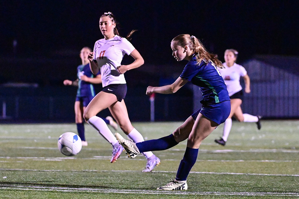 Glacier's Lucy Holloway (12) shoots in the second half against Flathead at Legends Stadium on Tuesday, Oct. 8. (Casey Kreider/Daily Inter Lake)