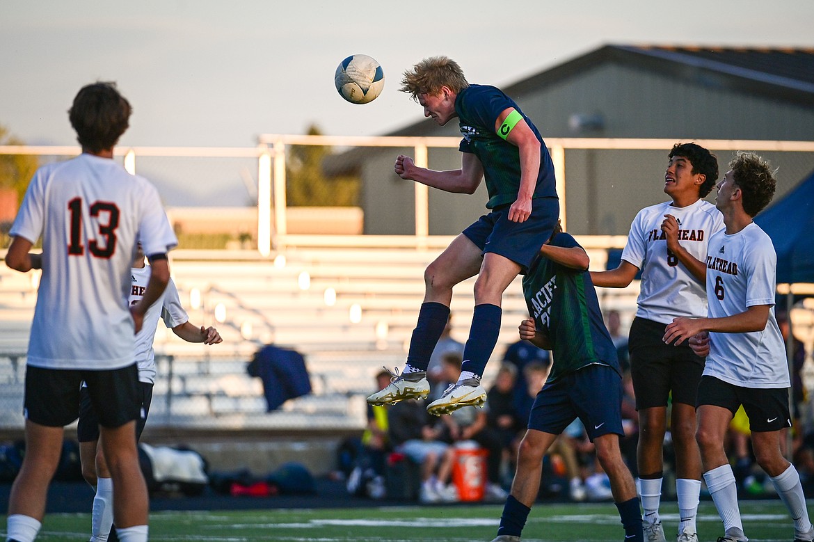 Glacier's Liam Ells (6) heads a ball on goal in the first half against Flathead at Legends Stadium on Tuesday, Oct. 8. (Casey Kreider/Daily Inter Lake)