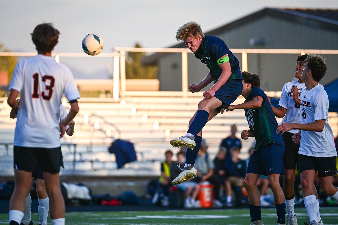 Glacier's Liam Ells (6) heads a ball on goal in the first half against Flathead at Legends Stadium on Tuesday, Oct. 8. (Casey Kreider/Daily Inter Lake)